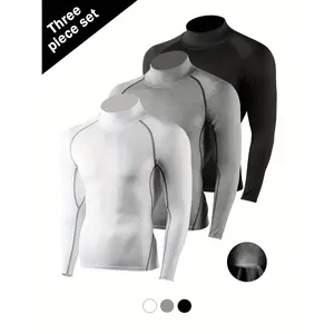 Men's 3-Pack Fleece Lined Compression Long Sleeve Shirts - Thermal High Neck, Windproof, Quick-Dry, Fleece-Lined Warmth for Running, Skiing