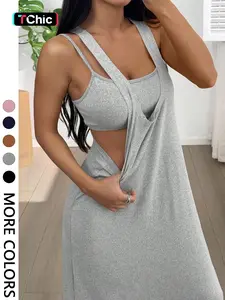 Women's 2pcs Heather solid color Tank Top & Cutout Maxi Dress Set, Casual Wear, Summer, Soft Stretchy Fabric & Double-Strap Design