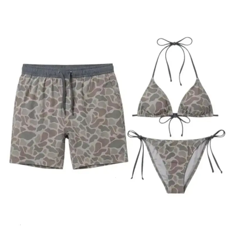 Grey Camo Couple Bikini Set, Triangle Tie Swimwear & Men’s MESH Shorts, Summer Matching Outfit for Him & Her, Vacation Beachwear 2026