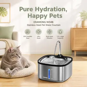 ERAMONG WO4B Stainless Steel Cat Water Fountain, Pet Indoor Water Fountain, 4 Filters & Ultra Quiet Water Pump, 3.5 L/118.35 oz Automatic Dog Water Bowl, Multifunctional Square Pet Water Fountain-W04B