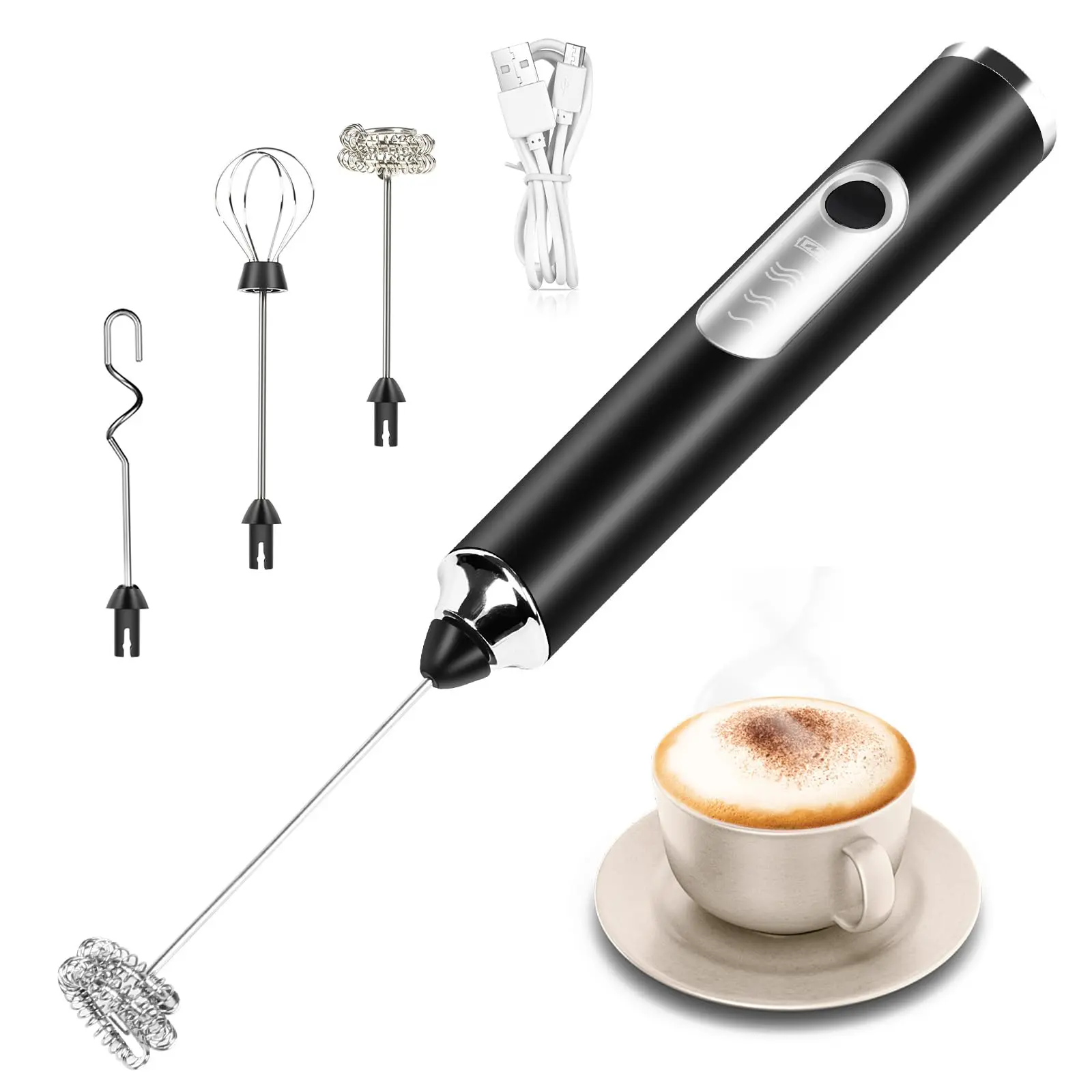Handheld Rechargeable Automatic Milk Frother, 3-Speed Electric Mixer with 3 Stainless Steel Whisks, Kitchen Utensil for Cappuccino, Latte - Black