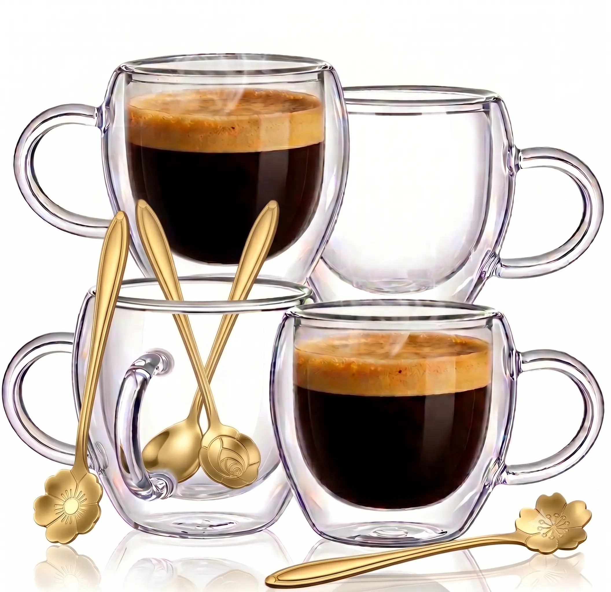Modern 4Pcs 5oz Double-Walled Borosilicate Glass Mugs with Handle + 4 Luxury Spoons, Dishwasher-Safe Heat-Resistant Condensation-Free Drinkware, 2.5oz Espresso/Tea Cups, Gift-Ready Kitchenware