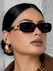 Women's Lightweight Rectangular Sunglasses, Fashionable Frames Sunglasses, Temple Decorations, Casual Style for Daily Use and Outdoor Beach, Trendy Sun Glasses