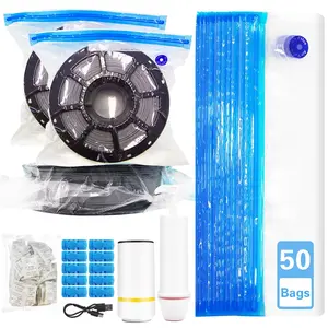 50PCS Filament Bags Kit with Pump & Hand Pump - Vacuum Sealed 3D Printer Filament Bags with 50 Drying Bags Packs for 0.5KG-1KG Spools, Keep Filament Dry(11.8 x 13.4)