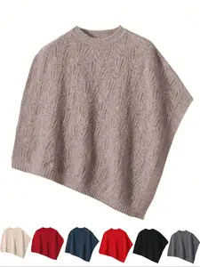 Women's 100% Pure Wool Round Neck Hollow Out Shawl Butterfly Pattern Knit Poncho Fashion Pullover Coat, Casual Fall & Winter Wear