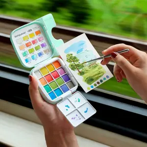 Travel Watercolor Paint Set - 16 Colors with Palette,Portable Watercolor Travel Kit with Brush, Coloring Card, Brush Washing Box for Adults, Artists & Professionals, Art Drawing Supplies, Art Materials