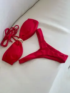 Women's Bikini Set Two-Piece Micro Ruched Halter Swimsuit, Fashionable Low-Waist Design, Perfect for Holiday & Beachwear, Comfortable Swimwear