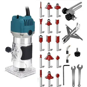 110V Router Tool, 800W Wood Trim Router, 30000RPM Electric Hand Trimmer, Palm Router with 15x 1/4" Router Bits & 2x Trim Guides for Woodworking Tools, Adjustable Base Height w/Scale