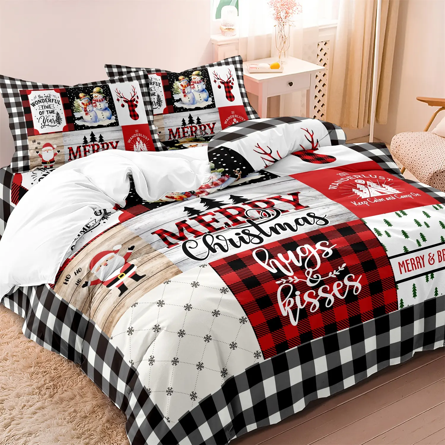 3Pcs Black White Grid Contemporary Christmas Decorative Printed Bedding Set Collection With Festive Digital Print Design - Machine Washable, 100% Polyester Woven, No Duvet Insert (1 Duvet Cover + 2 Pillowcases)