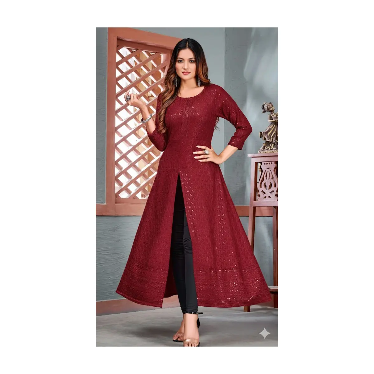 #GW-1 Elegant Front‑Slit Maroon Viscose/rayon  A‑Line eyelet pattern  3/4 Sleeve, Round Neck  Kurti Dress