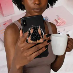 Aesthetic Baddie Girl Acrylic Phone Grip | Edgy Curly Hair Clear Griptok Anti-Drop Smartphone Stand Holder