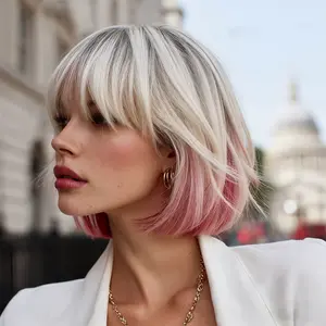 12 Inch Ombre Bob Wig with Bangs | Hidden Pink Highlights