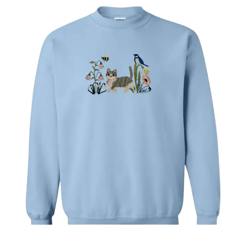 Spring meadow GREY AND WHITE cat embroidered sweatshirt