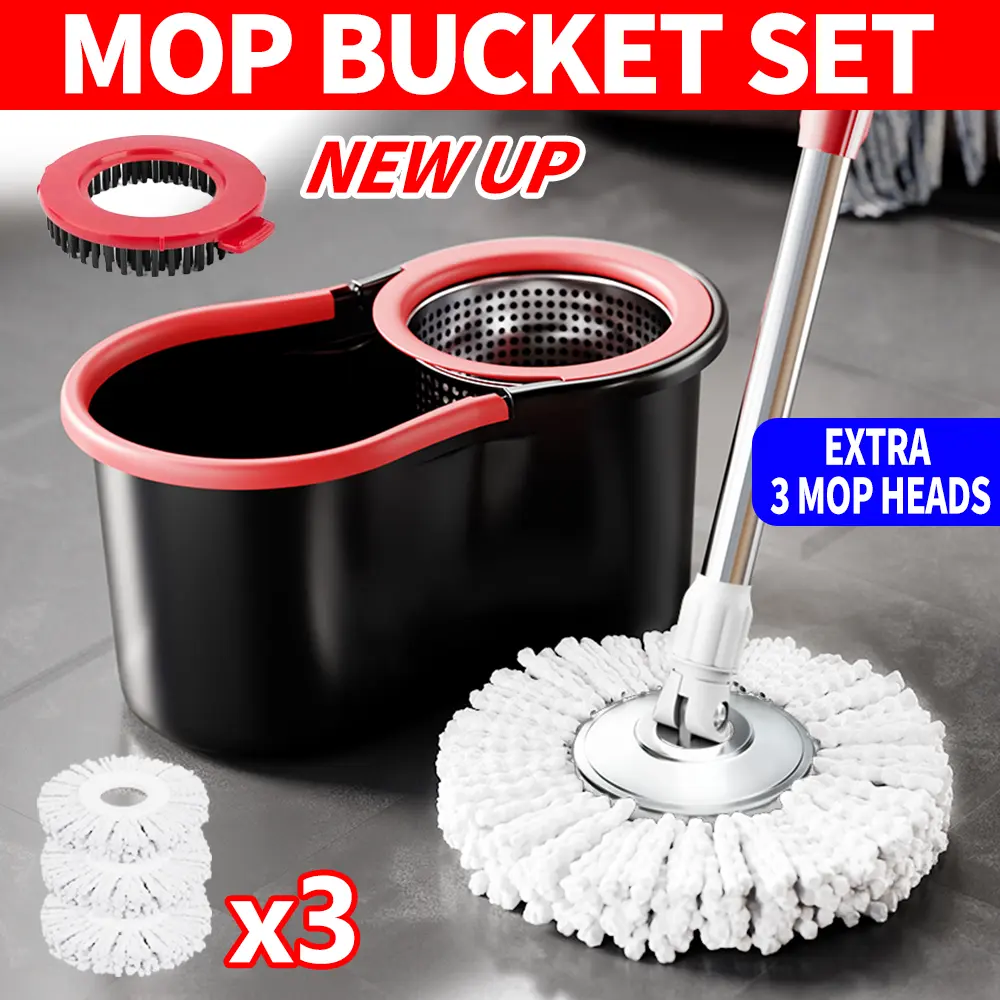 Mop And Bucket Set with 360° Rotatable Mop 3 Microfiber Heads 61-Inch Adjustable Handle Efficient Easy Home Cleaning Supplies