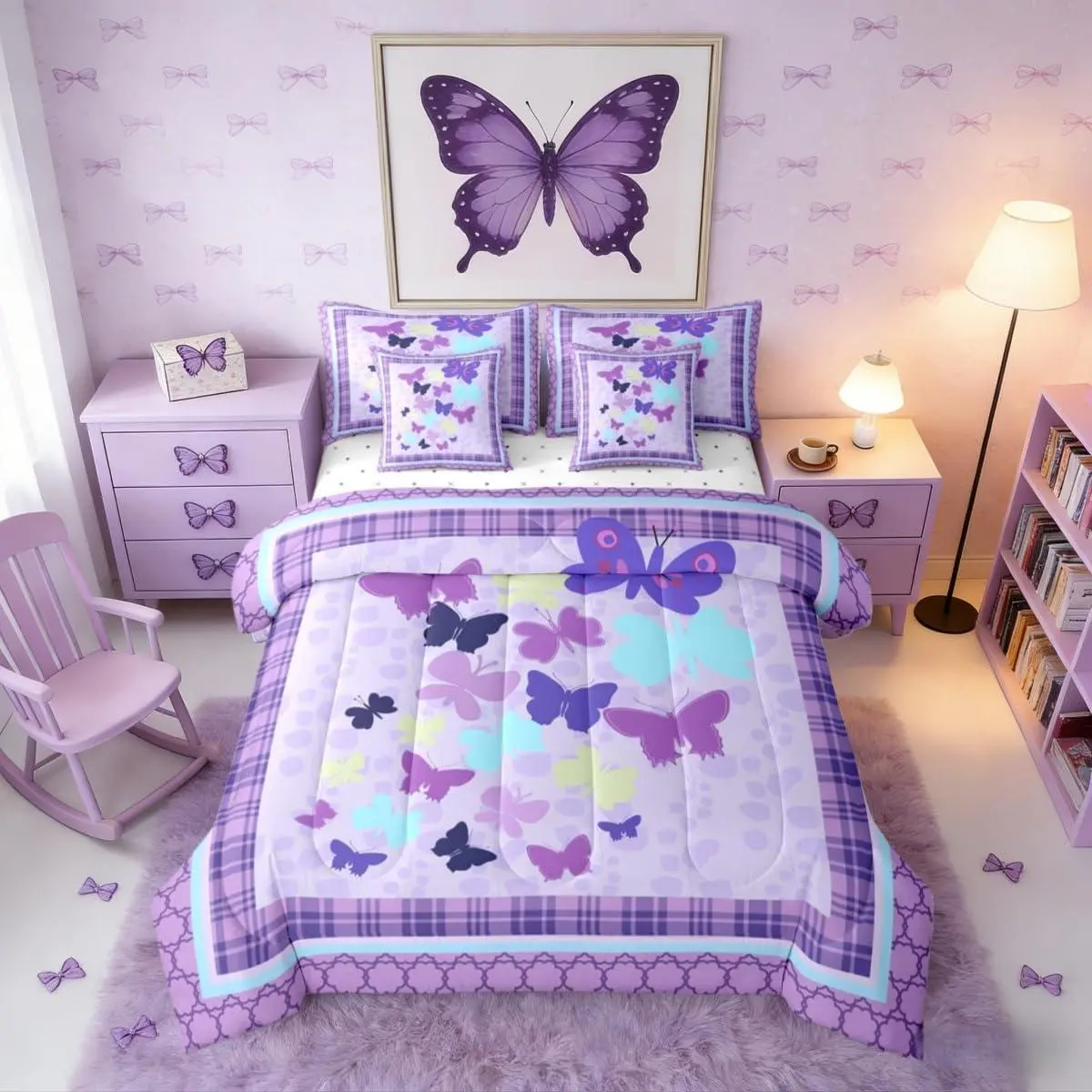 Purple Butterflies Cartoon Girly Kids 7 Piece Bedding Set,| Buffalo Plaid Princess Comforter Set with Sheets Dreamy Polka Dots Bed in A Bag Women Kawaii Bed Sets