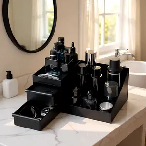 Black Premium Makeup Cosmetic Organizer - 3-Tier Moisture Proof Plastic Box Organizer, Durable Cosmetic Trolley Box, Versatile Grooming & Kitchen Storage, Waterproof Easy-to-Clean Holder, Ideal Gift