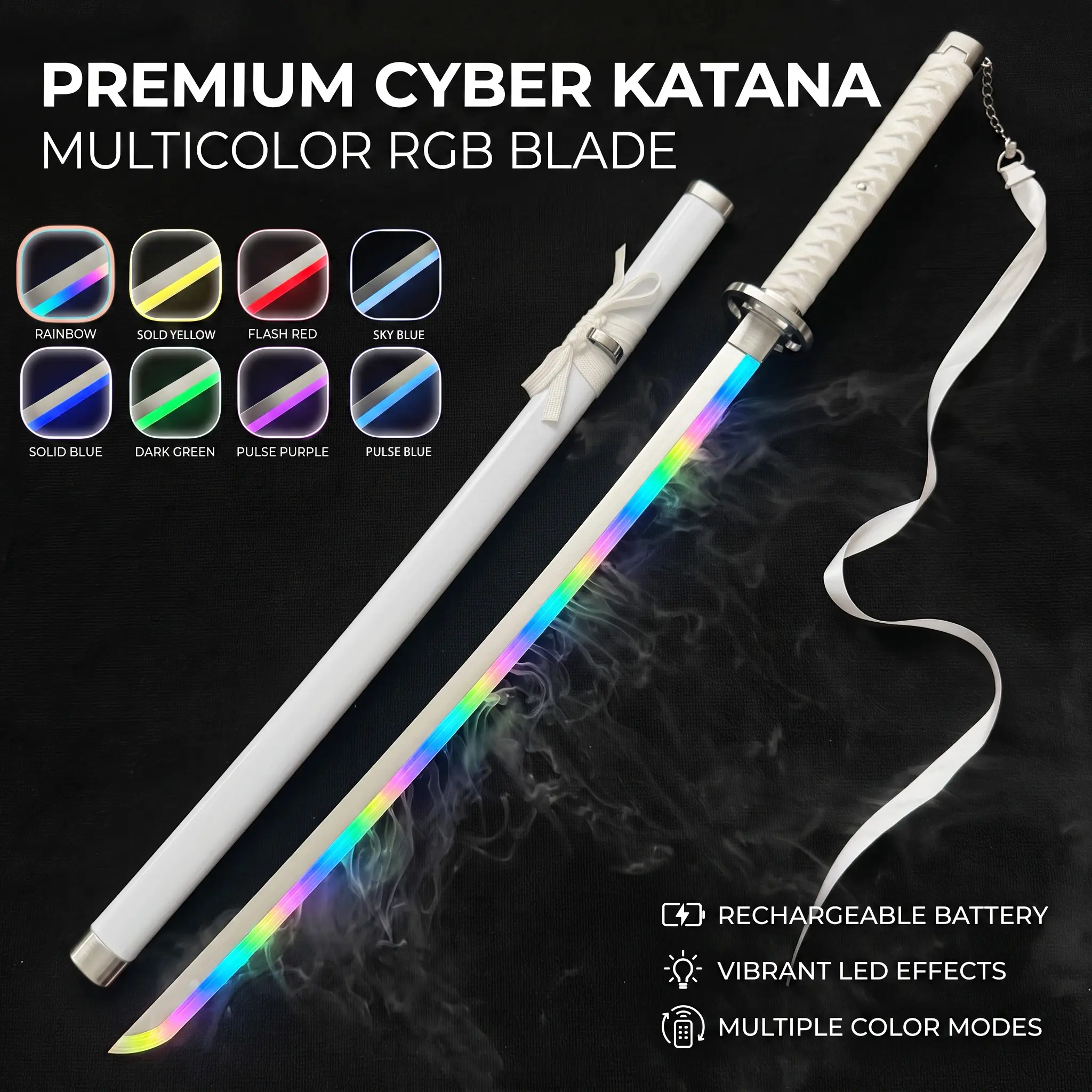 Durable Plastic Neopixel Lightsaber Anime Prop Toy Sword - 10 Color-Changing LED, Real Mist, USB Rechargeable Battery, Scabbard Included, Minimalist Collectibles Wall Decor for Otakus (Demon Slayer, Bleach, 1 Piece, Gift Idea)
