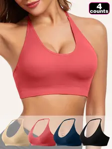 【4-Pcs】 Women's Halter Bra Workout Seamless Crop Top Yoga Bras Deep V Neck Ribbed Solid Color Yoga Bra No Underwire underwear pack Elegant Gym Outfits Activewear