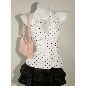 Fashionable and trendy camisole with deep V-pleated edge and backless polka dot slim fit vest, elegant sleeveless top, fashionable sleeveless summer wear, women's casual clothing, chic and fashionableRAIMENTRY