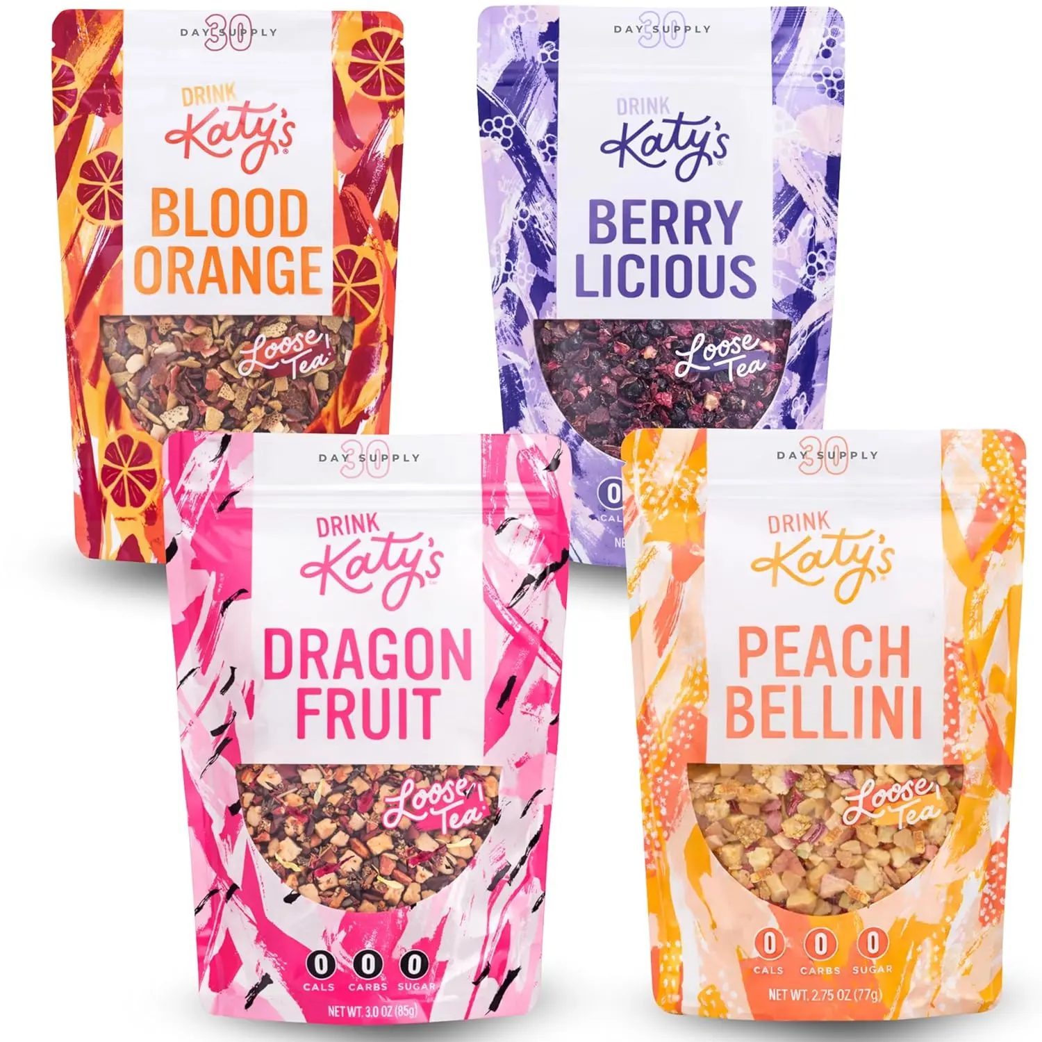 Katy’s Herbal Fruit Loose Teas- Dragonfruit/Peach Bellini/Berry/Blood Orange Flavors- Antioxidants, Vitamins, Sugar Free - 3.0oz Pouch