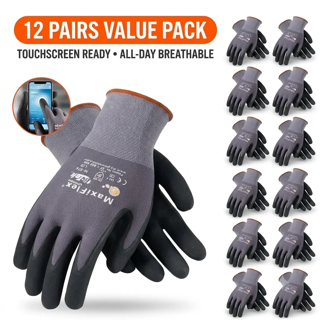 12 Pairs MaxiFlex Nitrile Work Gloves For Winter 3 Size M/L/XL- Touchscreen Compatible Palm Grip for Contractors, Mechanics and DIY Users Working on Construction, Gardening, Assembly and Repairs