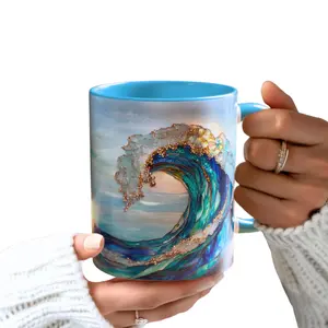Ocean Waves Stained Glass Mug, Coastal Beach Decor Coffee Cup Design, Sea Lover Gift for Men and Women, Nautical Aesthetic Drinkware for Home Kitchen, Daily Tea Coffee Mug for Ocean Lovers