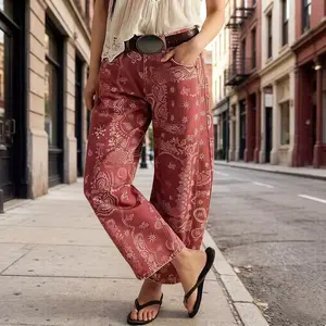Women's Printed Wide-Leg Jeans Loose Mid-Rise Jeans in Soft Pink with Boho Floral Pattern Casual Denim Trousers