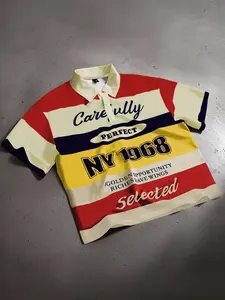 Striped polo collar short sleeved T-shirt short loose fit men's and women's short sleeved shirt, California English letter striped geometric print unisex shirt European and American street fashion casual shirt short sleeved striped geometry