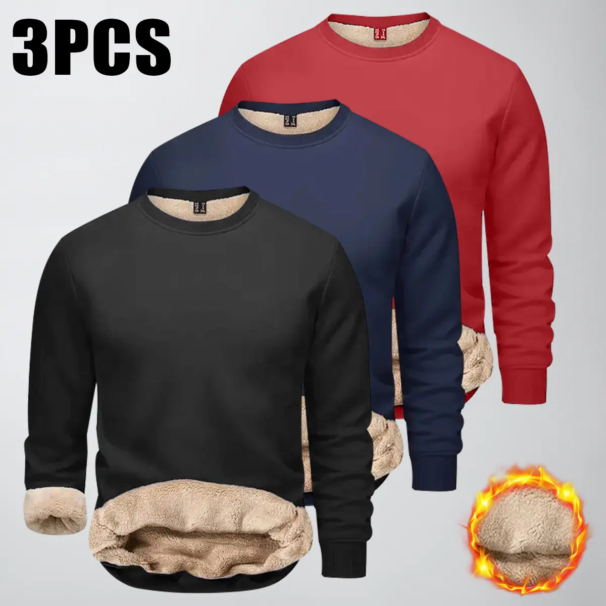 Men's Solid Color Sherpa Crewneck Sweatshirt - Cozy Fleece-Lined Round Neck Pullover, Relaxed Fit Casual Warm Basic Top, Crewneck Sweatshirts for Outdoor, Daily Wear, Cozy Sweatshirt
