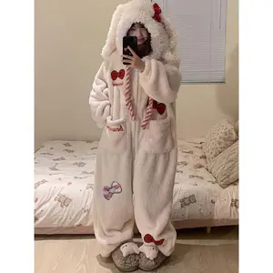 Adorable Bow Hooded Onesie Pajamas, Long Sleeve Zip-Up Cosplay Party Sleepwear with Thickened Fleece for Warmth and Wearable Hoodie, Suitable Carnival Halloween Music Festival Costume Ball Can be used with raincoat
