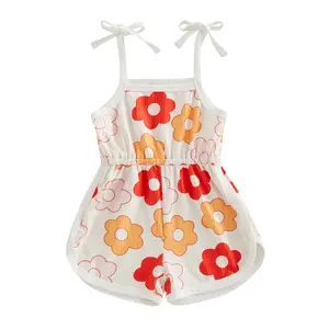 Toddler Baby Girl Summer Jumpsuit Cartoon Flower Print Sleeveless Sling Tie-Up Shorts Romper Little Girls Summer Clothes