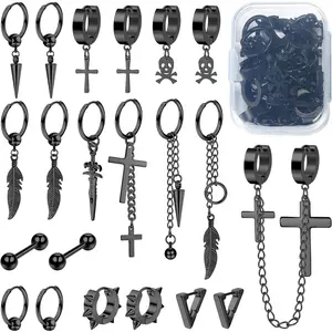 FLORIDECO 21PCS Stainless Steel Earrings for Men Black Earrings Mens Earrings Dangle Earrings for Men Women Kpop Earrings Piercing Hoop Earrings Set Daily