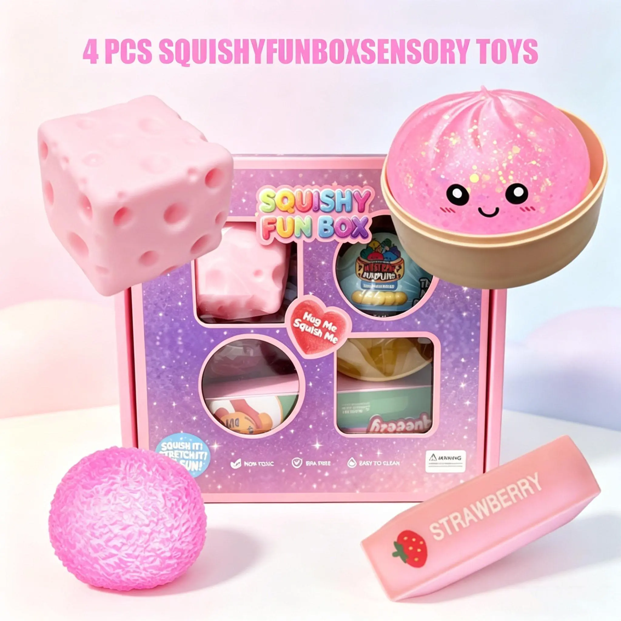 4‑Pack Squishy Fidget Toys, Mixed Slow & Fast Rebound Silicone Toys, Assorted Cute Styles, Ideal Gifts for Kids Birthday, Father’s Day, Teacher’s Day and Party Supplies