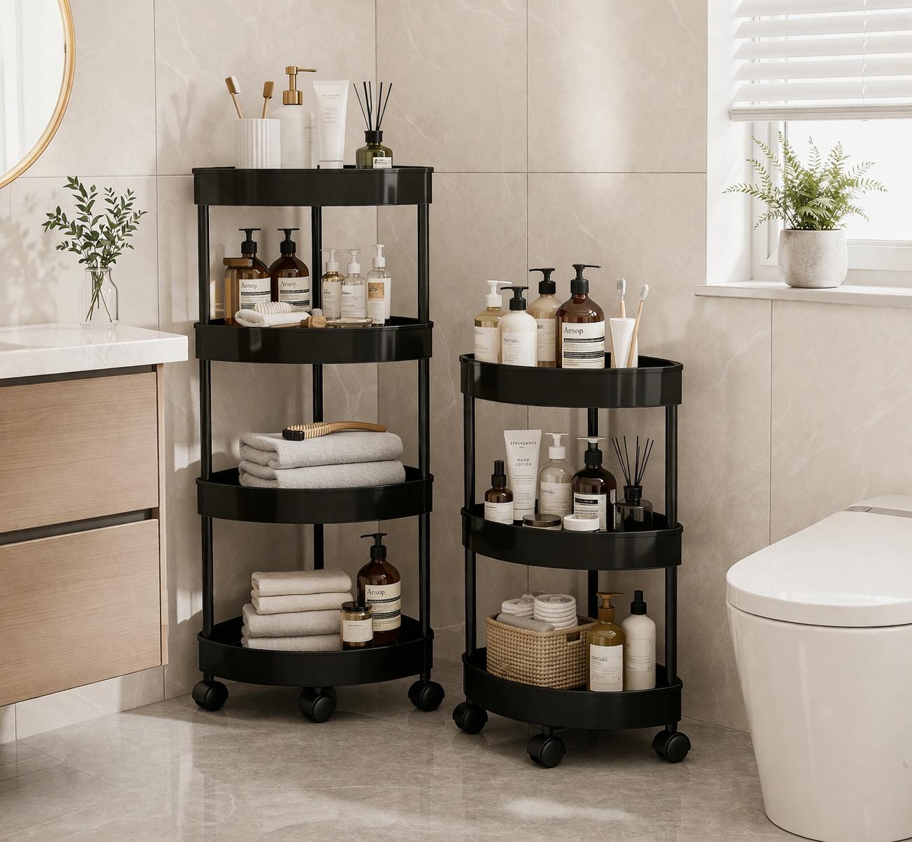 2/3/4 Tier Corner Storage Organizer, Space Saving Bathroom Kitchen Counter Shelf, Plastic Corner Rack for Sink Vanity Small Spaces, with or without Wheels