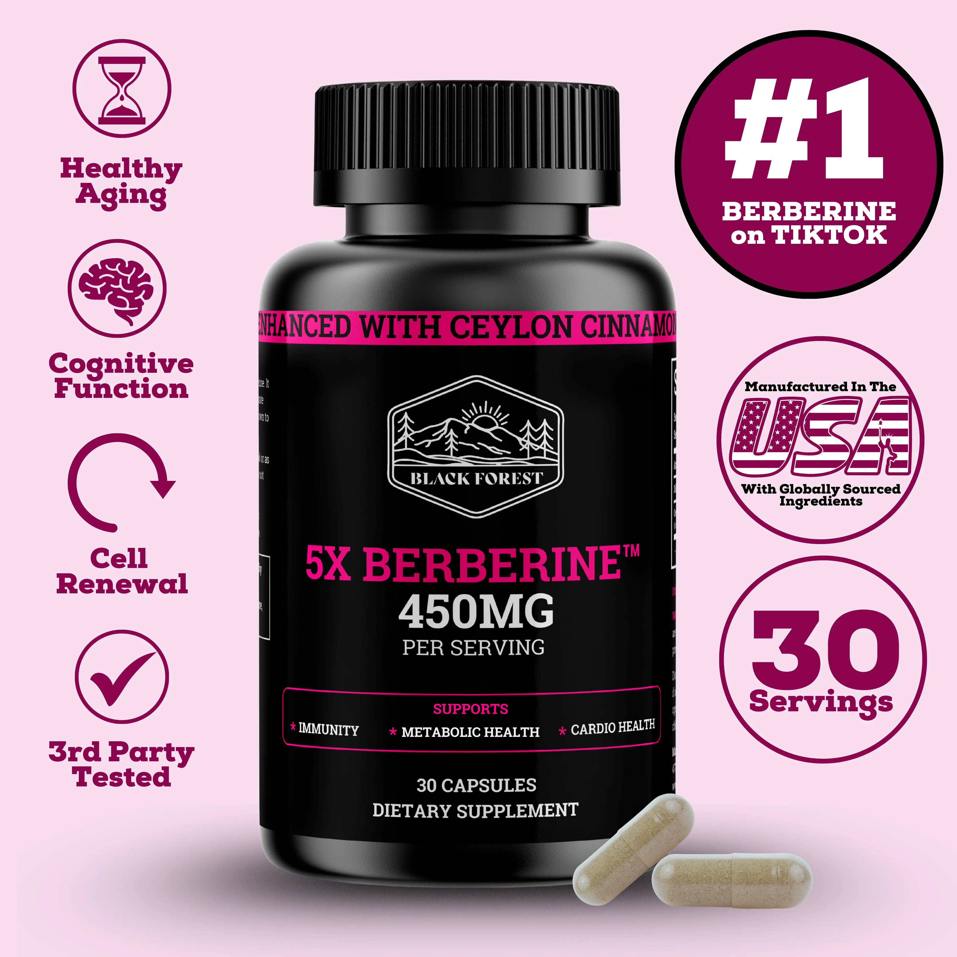 Black Forest 5x High Potency Berberine & Dihydroberine Capsules - 3 Years Shelf Life, High Potency Supplement with Ceylon Cinnamon, Absorbable Supplements for Adults Supporting Digestive Health, Metabolism Health & Natural Wellness Boost