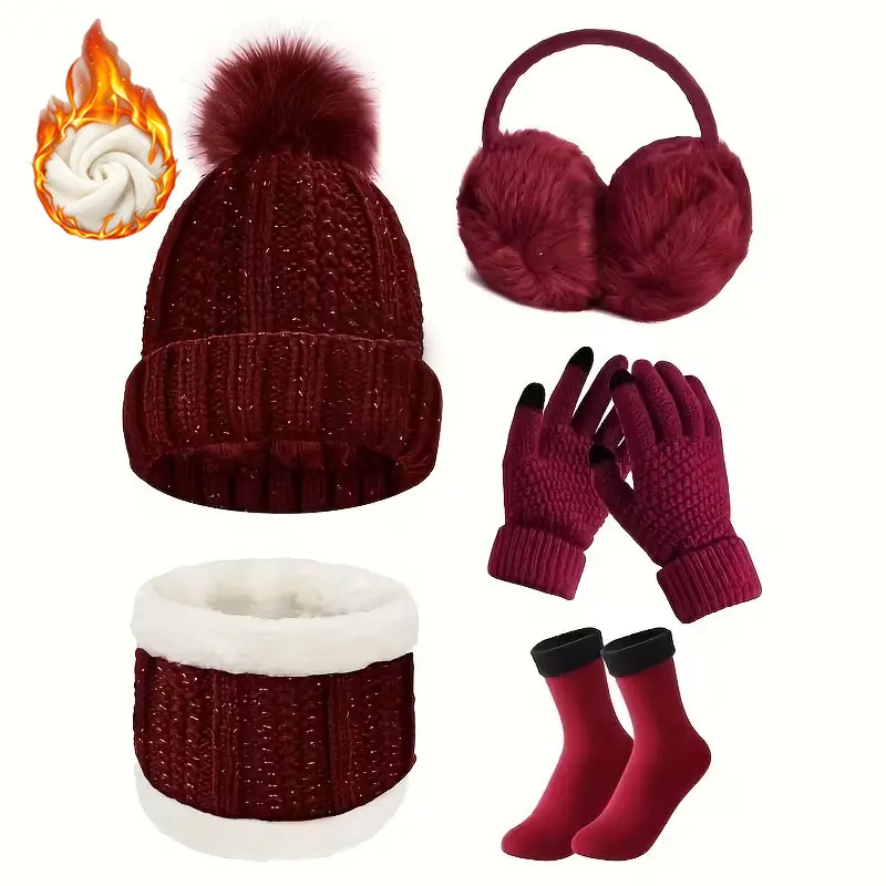 5-piece winter outdoor gear set: thick, warm hat, neck warmer, touchscreen gloves, plush earmuffs, and snow socks, suitable for outdoor skiing, cycling, and hiking.