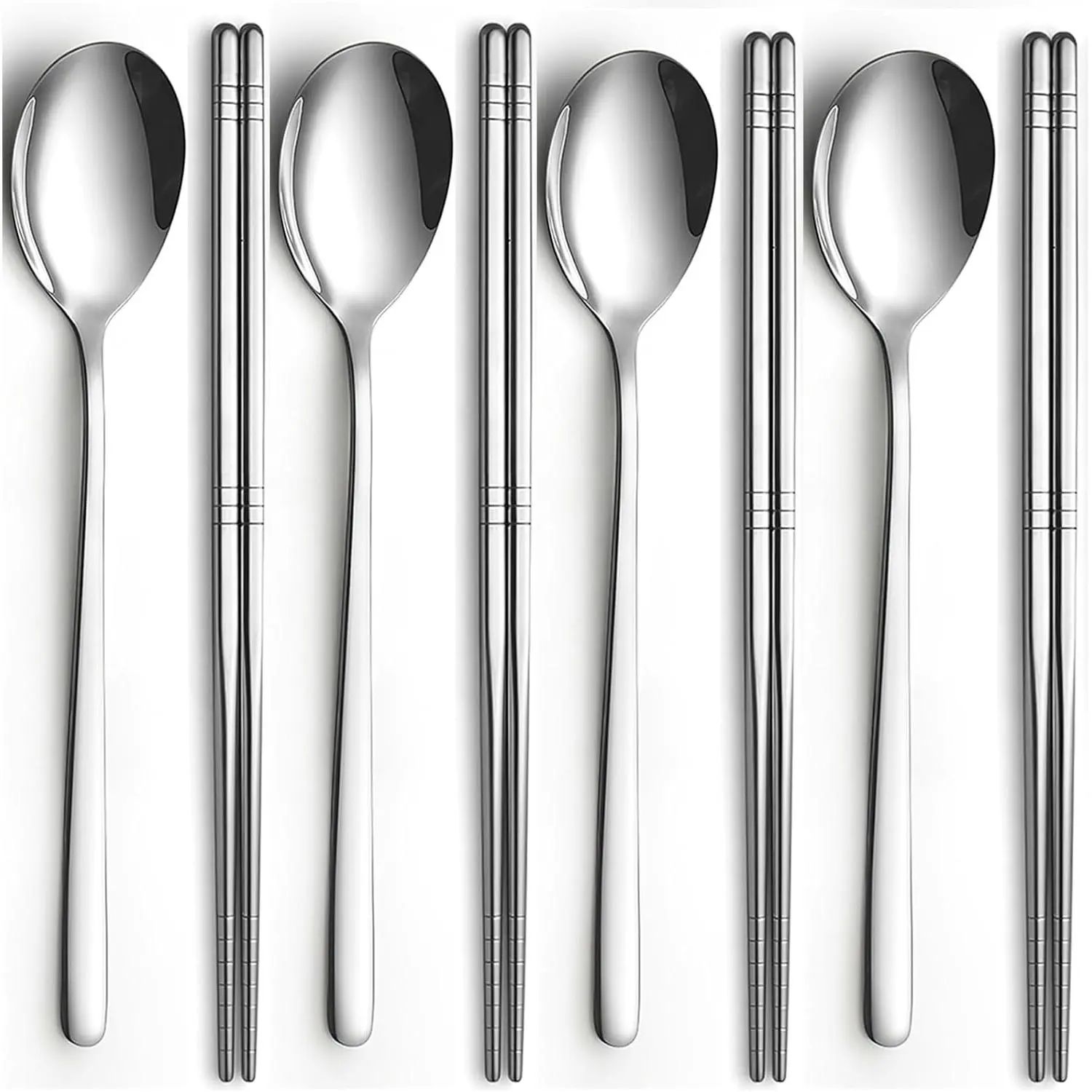 Spoon and Chopsticks Set, 4 Pair Stainless Steel Metal Chopsticks Spoon Set,4 Set Korean Chopsticks and Spoons,  Flat Long handle Chopstick Spoon Set for Home, Kitchen or Restaurant