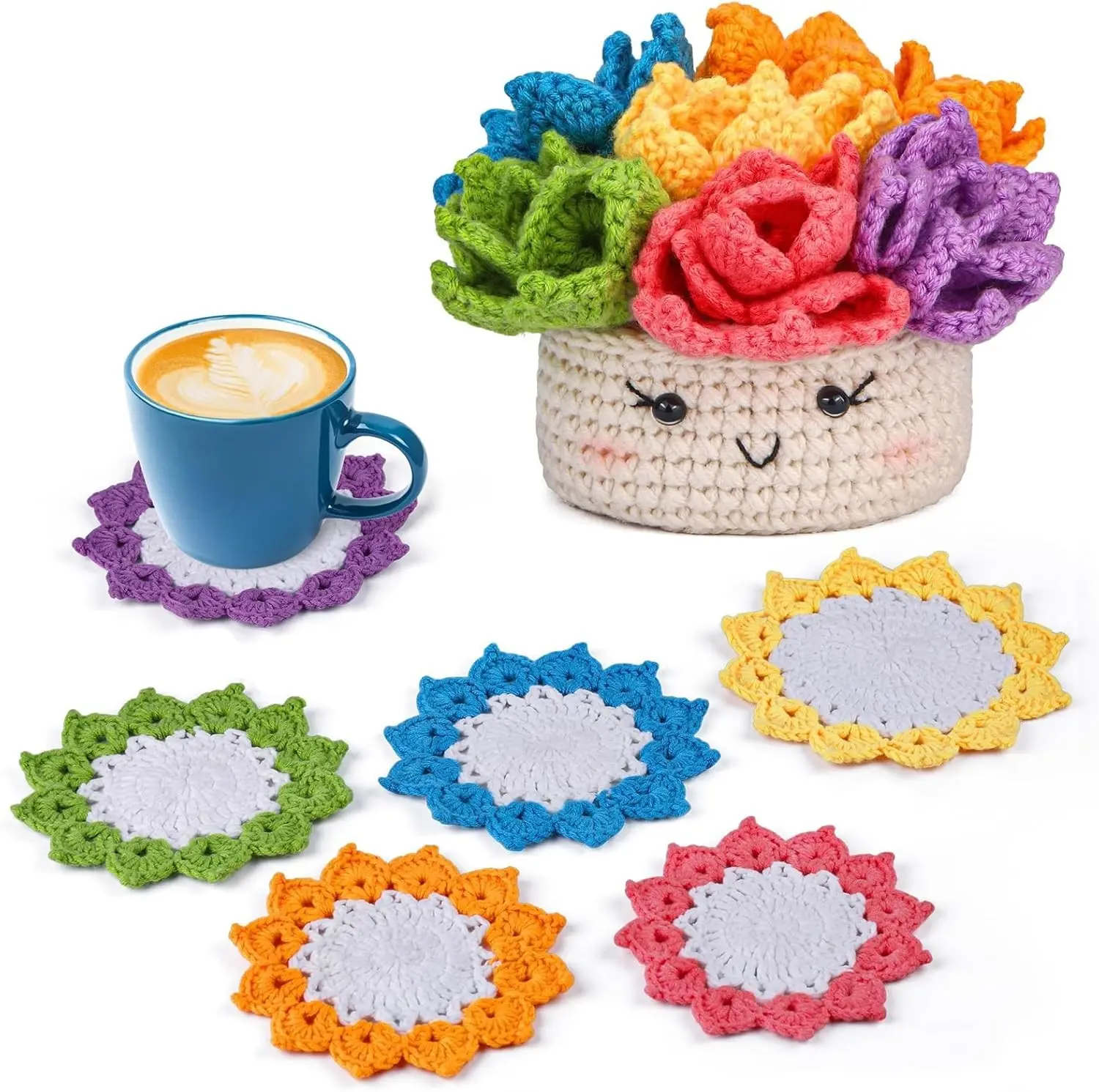 Crochet Kit for Beginners 6PCS Potted Plant Coasters Crochet Kit | Crochet Starter Kit with Step-by-Step Video Tutorials, Crochet Hooks, Learn to Crochet Kits for Adult Beginners