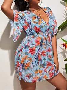 Tropical Print Plus Size Thin Mesh Fabric Cover-Up, Loose Fit Bikini Outerwear, Oversized Sheer Top for Women, Casual Summer Fashion, Breathability