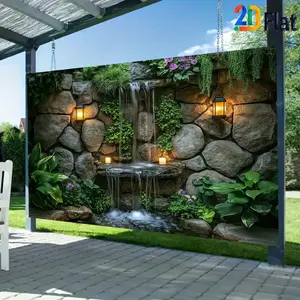 2D Flat Banner Wall Decor 1pc, Wall Hanging Backdrop, featuring light and shadow waterfall natural landscape, serves as a modern and minimalist decorative backdrop, showcases flowing water, plants, lighting, creating an artistic ambiance perfect for home