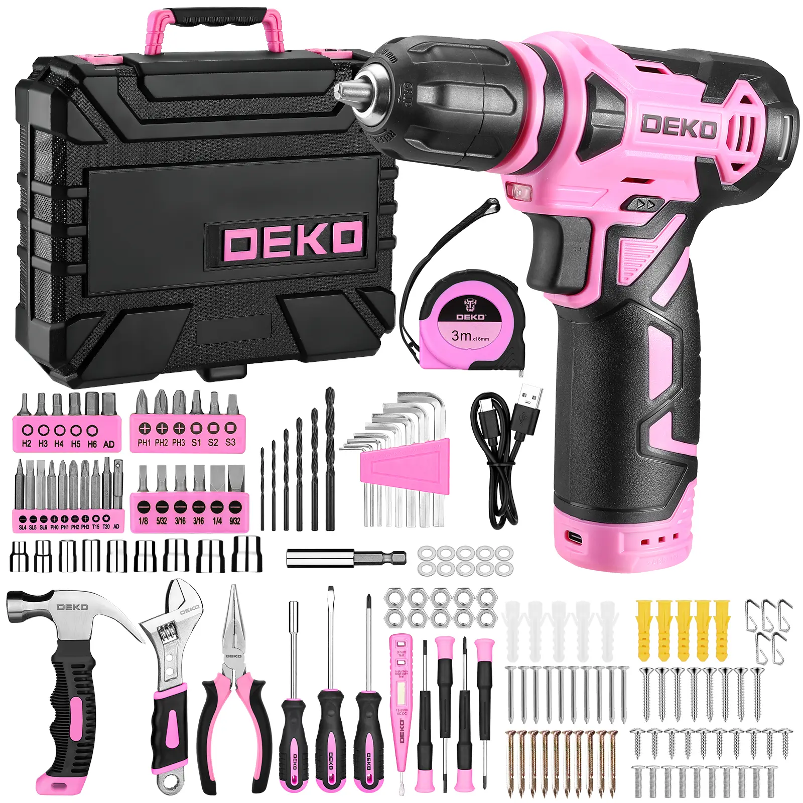 DEKO Rechargeable 151-Piece Home Repair Tool Kit with 12V Drill - Includes Drill Bits, Precision Screwdrivers, Ratchet Wrenches, Screws - Ideal for Furniture Assembly, DIY Projects, Drill Bit Kit, Precision Screwdriver Kit