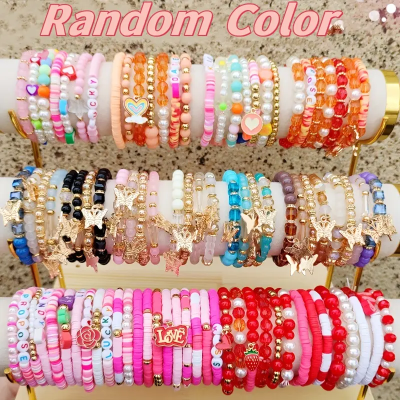 Women's Unisex 24pc Boho Bangle Bracelet Set - Soft Clay Bead Bands with Sparkling Rhinestones, Butterfly Charms, Bling Effect for Daily Wear Arm Candy Accessories, Charm Bracelets, Matching Set, Jewelry Stack