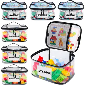 Clear Toy Storage Bag Space Saver Bags with Name Tag & Manual Pocket, 6 Counts Waterproof Transparent Toy Organizer Case for Lego Bricks, Board Games, Building Blocks