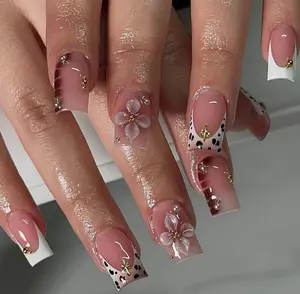 Leopard Prints French Tips Press on Nails Medium Square Fake Nails with 5D Flower Design Tortoise Shell Glue on Nail Glossy White Nails Press ons Reusable Acrylic Nail for Women Manicure 24Pcs