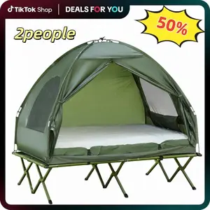 2 Person Foldable Camping Cot with Tent Bedspread and Thick Air Mattress 4-In-1 Elevated Camping Bed Tent Durable Outdoor Sleeping Equipment for Hiking Picnic Travel Backyard Camping Outdoor Adventure Must-