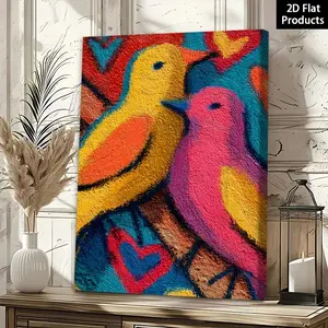 1 Oil Pastel Poster Cute Doodle Birds |   2D Flat Framed Canvas Painting, Perfect for Wall Decor Art, Room Decoration, Living Room, Winter Spring, Bathroom, Valentine'S Day Decorations and Gifts, Universal Holidays, Reusable Art Deco Style	