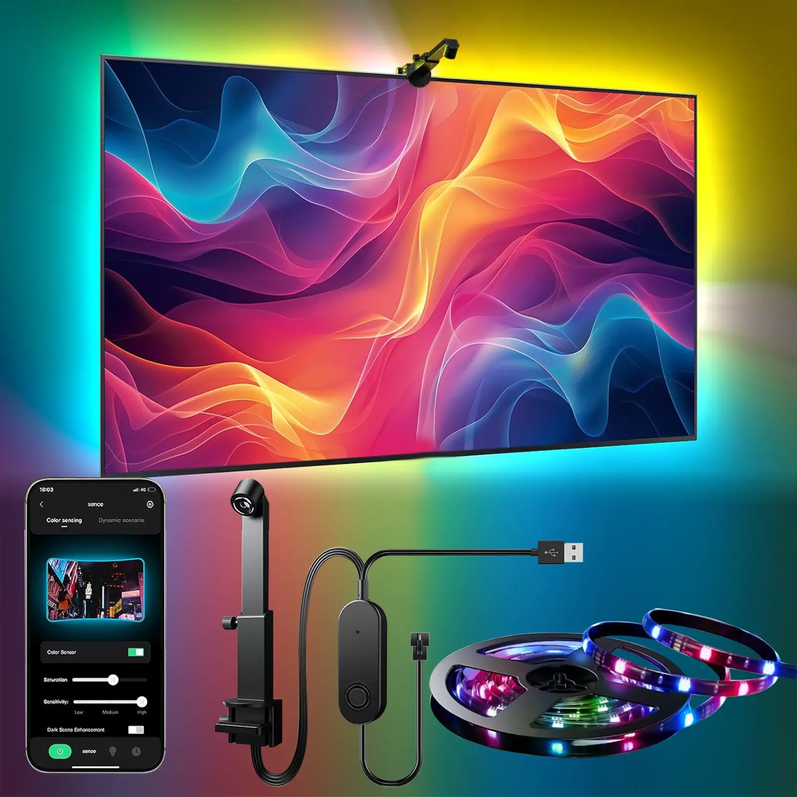 RGB+ic LED TV Backlight Strip with Ar Color Sensor, Fits 55-85 Inch Tvs, Music Sync Compatible, Ideal for Gaming Room & Living Area, Smart Led Lights, Rgb Led Lighting, Dimmable Led Lights, Adjustable Leds, Led Light Backlit, Rgb Led Effects