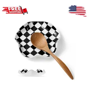 Ceramic Spoon Rest, 5.3in Black & White Checkerboard Pattern