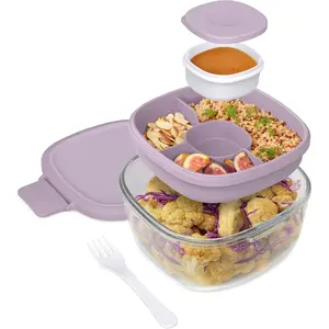 Glass All-in-One Salad Container - Large 61-oz Salad Bowl with Lid, 4-Compartment Bento-Style Tray, 3-oz Sauce Container, and Reusable Fork - Dishwasher, Microwave, and Oven Safe (Lavender) Airtight Kitchen