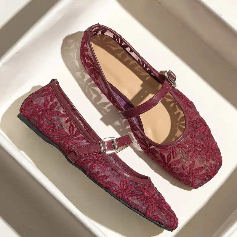 Women's Plus Size Classic Flat Ballet Shoes, Floral Embroidery Design, Summer Breathable Mesh Flats, Deep Blue Square Toe, Comfort Fashion Casual Summer Ballerina Flats, Versatile Flat Shoes, Fashionable Flat Shoes